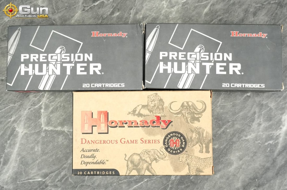 Hornady centerfire ammunition Approx. 60 rounds in total. This variety includes one 20-round box of: Hornady centerfire ammunitionApprox. 60 rounds in total. This variety includes one 20-round box of Dangerous Game Series .375 Ruger and two 20-round boxes of Precision Hunter 6.5 PRC. (500502)