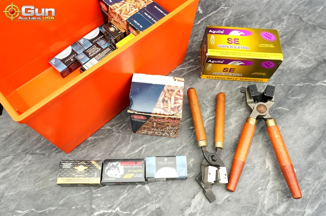Federal and Aguila .22 LR Ammunition Approx. 2,850 rounds of Federal and Aguila .22 LR ammunition.: Federal and Aguila .22 LR AmmunitionApprox. 2,850 rounds of Federal and Aguila .22 LR ammunition. Includes two hand-loading bullet casting tools featuring pivoting iron handles wrapped in smooth