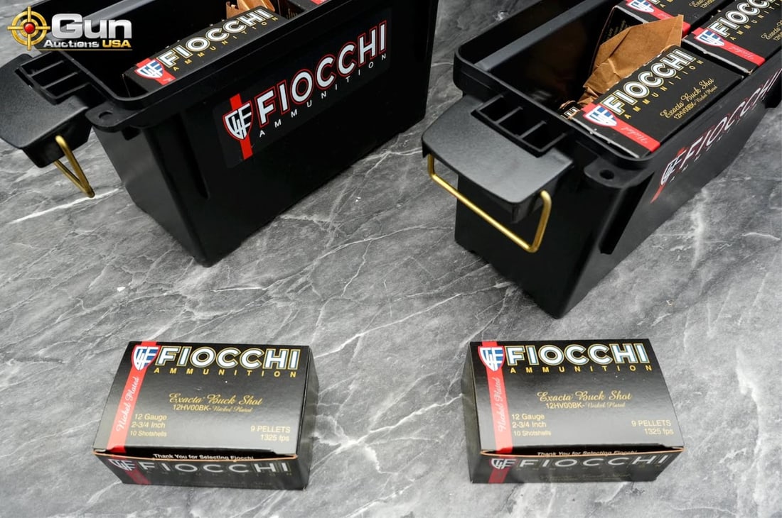 Fiocchi 12 Gauge Approx. 160 rounds in total. Features Exacta Buck Shot 2-3/4 inch loads containing: Fiocchi 12 GaugeApprox. 160 rounds in total. Features Exacta Buck Shot 2-3/4 inch loads containing 9 nickel-plated pellets rated at 1325 fps. Includes two polymer ammo cans. (500517) (GSCU15)