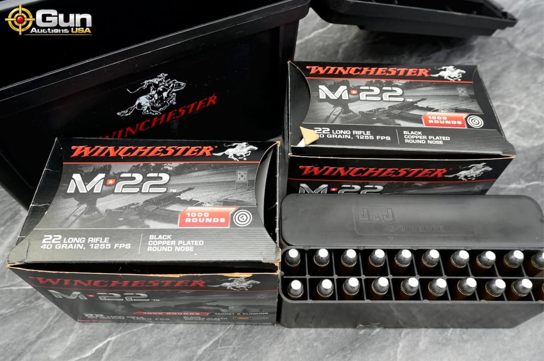 Assorted Winchester and Ten-X ammo Approx. 1,520 rounds in total. This selection includes a: Assorted Winchester and Ten-X ammoApprox. 1,520 rounds in total. This selection includes a 1,000-round box of Winchester M-22 .22 Long Rifle 40-grain black copper-plated round-nose rimfire ammunition,