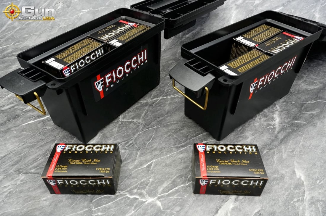 Fiocchi 12 Gauge Approx. 160 rounds in total. Features Exacta Buck Shot 2-3/4 inch loads containing: Fiocchi 12 GaugeApprox. 160 rounds in total. Features Exacta Buck Shot 2-3/4 inch loads containing 9 nickel-plated pellets rated at 1325 fps. Includes two polymer ammo cans. (500518) (GSCU98)