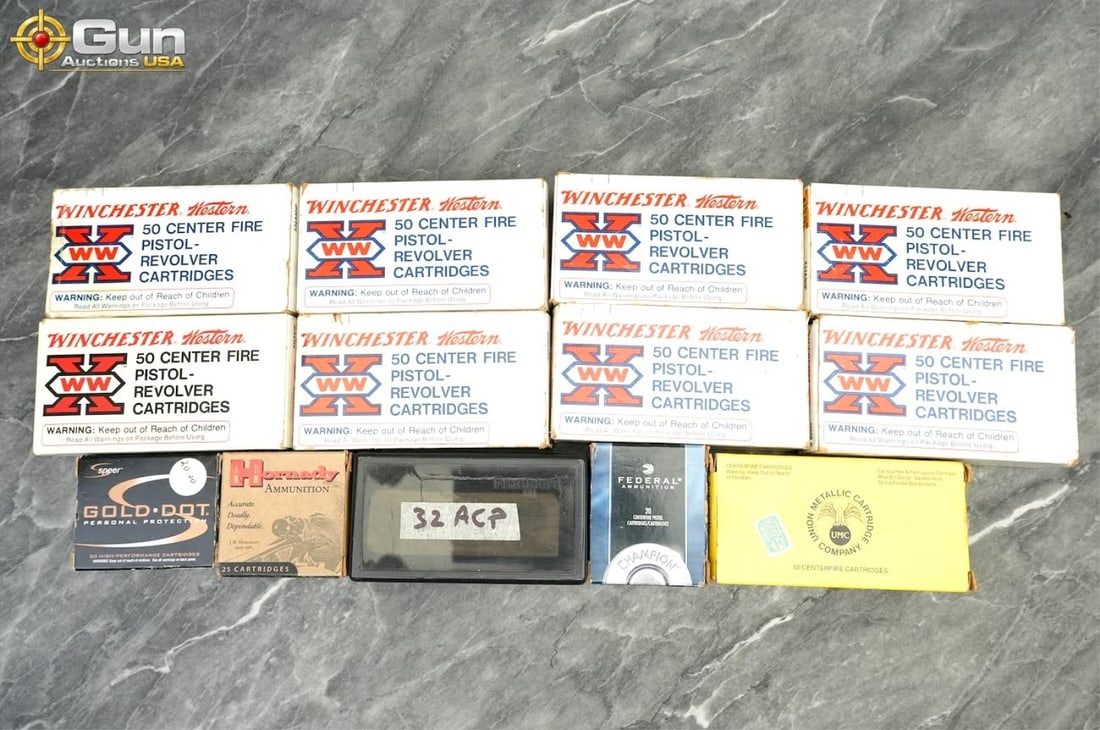 Win, Hornady, Speer, etc. 32 Auto, 32 S&W Long, 25 Auto Approximately 553 rounds in total:: Win, Hornady, Speer, etc. 32 Auto, 32 S&W Long, 25 AutoApproximately 553 rounds in total: approximately 485 rounds of 32 Auto, approximately 18 rounds of 32 S&W Long, and approximately 50 rounds of 25