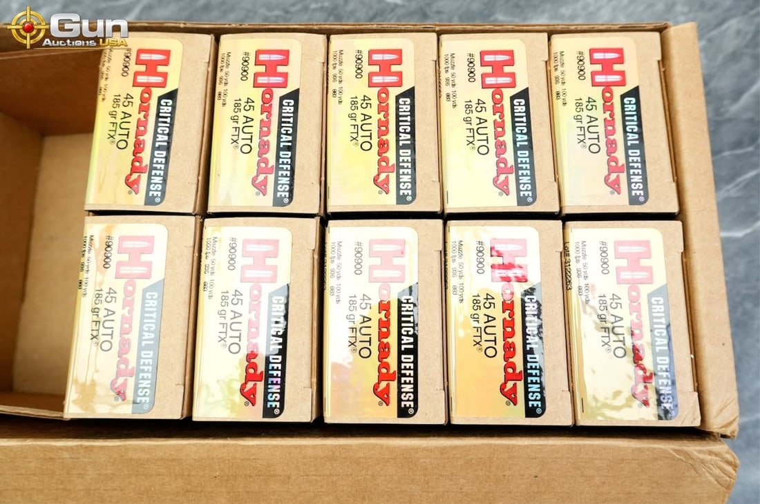Hornady 45 Auto ammo Approximately 200 rounds total. Features Hornady Critical Defense centerfire: Hornady 45 Auto ammoApproximately 200 rounds total. Features Hornady Critical Defense centerfire handgun ammunition loaded with 185 grain FTX bullets, designed for personal defense applications. (5002