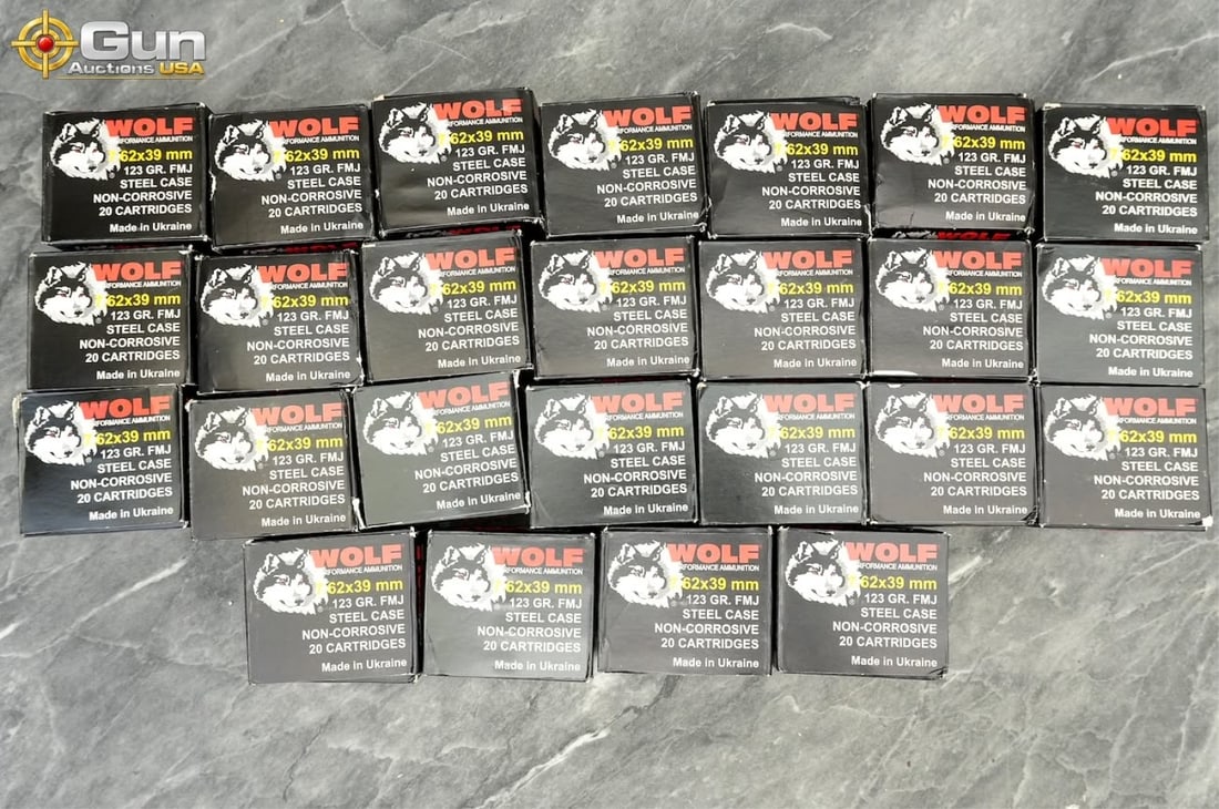 Wolf 7.62x39mm ammo 500 rounds in total. This Wolf Performance Ammunition features 123: Wolf 7.62x39mm 500 rounds in total. This Wolf Performance Ammunition features 123 grain FMJ bullets loaded in non-corrosive steel cases. (500661) (GSCU11)