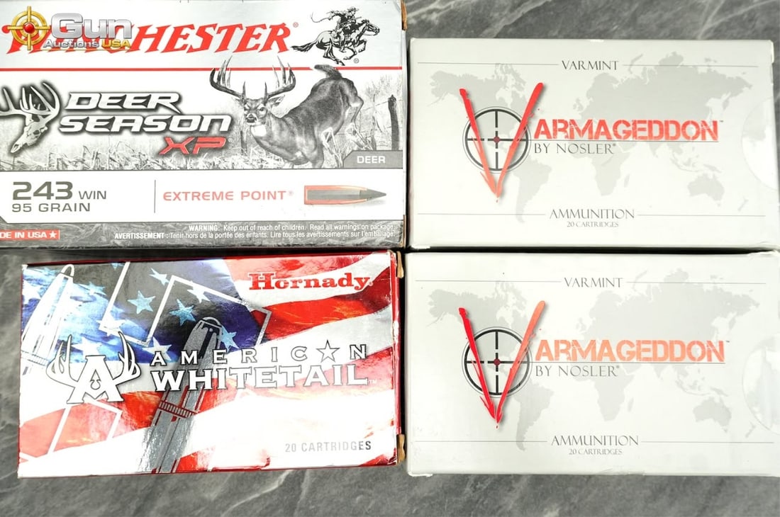 Hornady, Winchester, Nosler .243 Win ammo Approximately 80 rounds in total. This collection of .243: Hornady, Winchester, Nosler .243 Win ammoApproximately 80 rounds in total. This collection of .243 Winchester ammunition includes Nosler Armageddon 55gr FB Tipped, Hornady American Whitetail 100gr Int