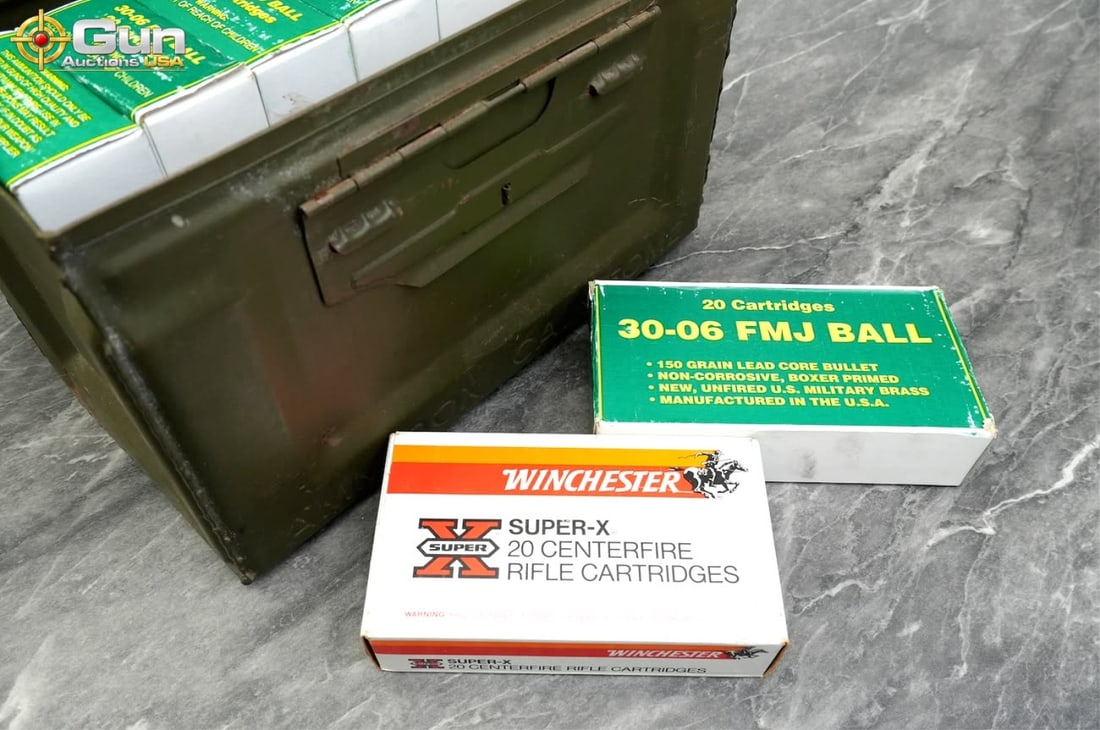 Winchester and Military Surplus .30-06 Springfield ammo Approx. 180 rounds in total. Includes: Winchester and Military Surplus .30-06 Springfield ammoApprox. 180 rounds in total. Includes Winchester 180-grain Power-Point SP and military surplus 150-grain full metal jacket ball centerfire rifle 