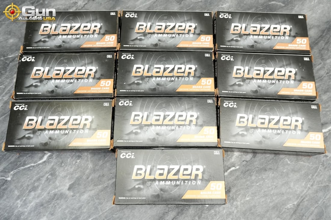 Blazer 9mm ammo Approx. 500 rounds in total. Contains 124-grain FMJ centerfire handgun ammunition.: Blazer 9mm ammoApprox. 500 rounds in total. Contains 124-grain FMJ centerfire handgun ammunition. (500575) (GSCU39)