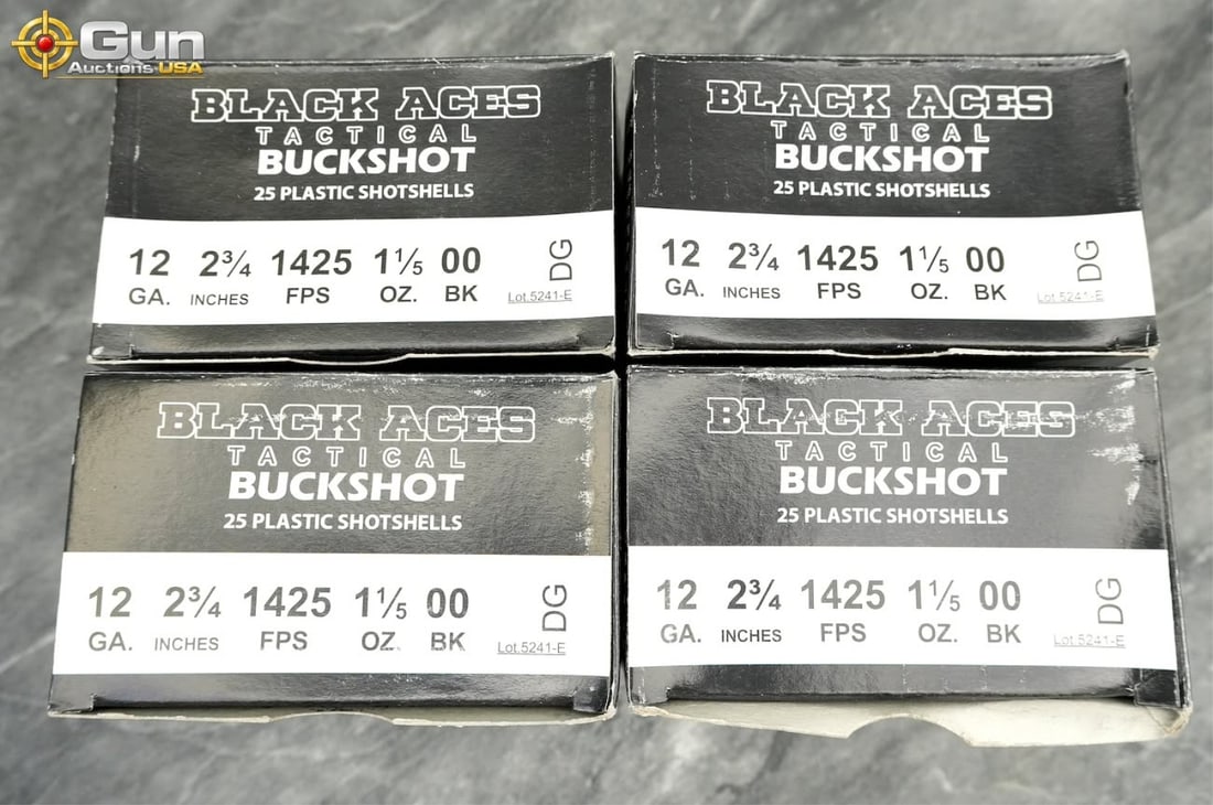 Black Aces Tactical ammo 100 rounds in total. This offering consists of Black Aces Tactical buckshot (1 of 1)