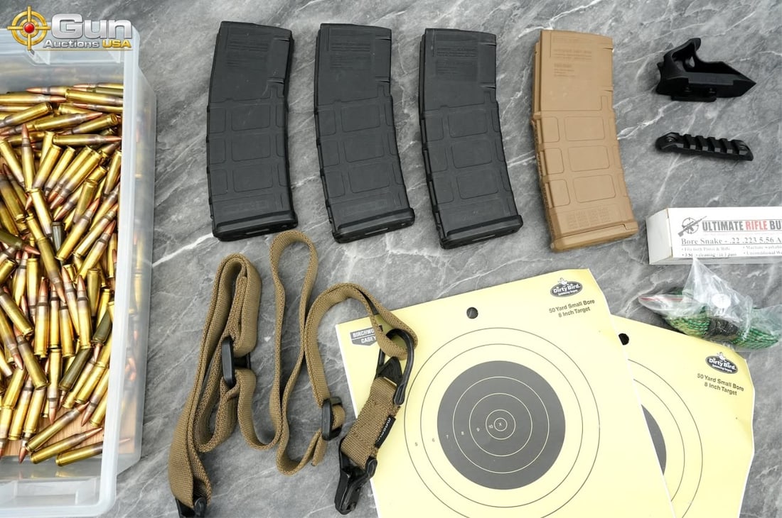 5.56 ammo and accessories Approx. 100 rounds in total. Includes 5.56 ammo, four Magpul PMAG 30-round: 5.56 ammo and accessoriesApprox. 100 rounds in total. Includes 5.56 ammo, four Magpul PMAG 30-round 5.56 magazines, Magpul rifle sling, small Picatinny rail, Fortis angled foregrip, bore snake cleaner