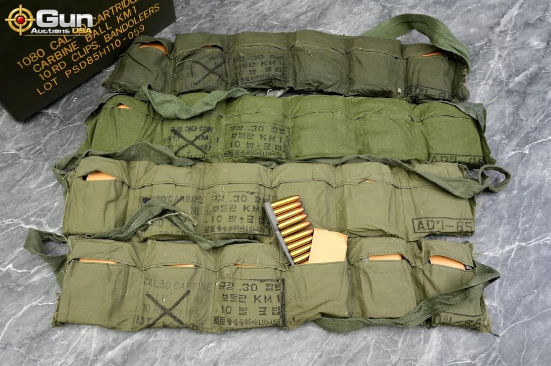 Korean .30 Carbine ammo Approx. 480 rounds in total. This South Korean military surplus .30 Carbine: Korean .30 Carbine ammoApprox. 480 rounds in total. This South Korean military surplus .30 Carbine Ball KM1 ammunition is on 10-round stripper clips inside a cloth bandolier. Includes metal ammo can. 