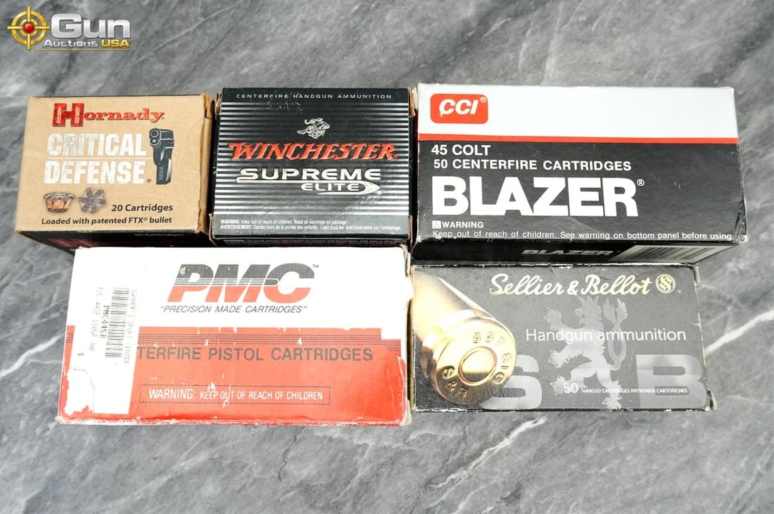 Hornady, Win, CCI, etc. 357 Sig, 45 Colt, 44 SPCL, etc. Approx. 160 rounds in total. Approx. 26: Hornady, Win, CCI, etc. 357 Sig, 45 Colt, 44 SPCL, etc.Approx. 160 rounds in total. Approx. 26 rounds of 357 Sig, approx. 65 rounds of 45 Colt, approx. 19 rounds of 44 SPCL, and approx. 50 rounds of 4