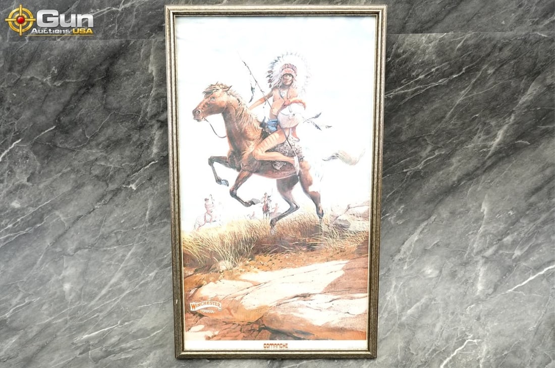 LOCAL PICK UP ONLY. Framed Native American warrior print, FERRARA Winchester, Commanche. Very Good: LOCAL PICK UP ONLY. Framed Native American warrior print, FERRARA Winchester, Commanche. Very Good Condition. This framed artwork features a detailed illustration of a Native American warrior in full 
