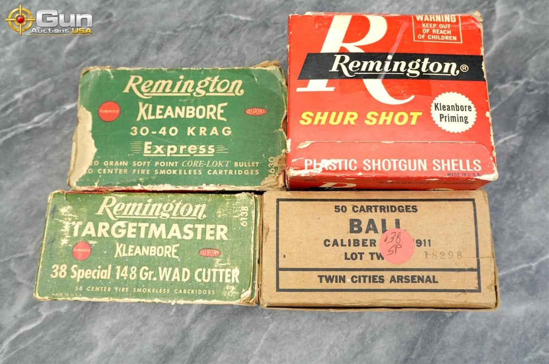 LOCAL PICKUP ONLY. Collector's Ammo, Four boxes of mixed rifle, pistol, and shotgun ammunition.: LOCAL PICKUP ONLY. Collector's Ammo, Four boxes of mixed rifle, pistol, and shotgun ammunition. Approx. 100 rounds in total. Include a Remington Targetmaster .38 Special, Remington Kleanbore 30-40 Kra