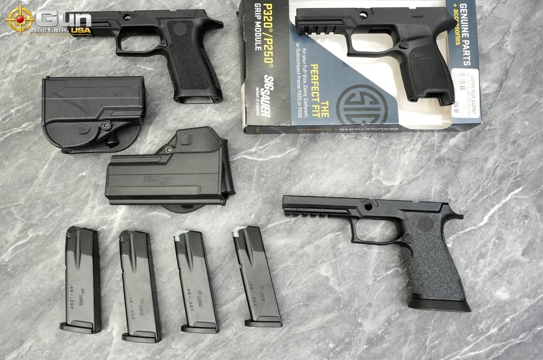 Sig Sauer P320 mags and accessories, Very Good Condition This lot includes three Sig Sauer P320: Sig Sauer P320 mags and accessories, Very Good ConditionThis lot includes three Sig Sauer P320 polymer grip modules, two polymer holsters, and four metal pistol magazines, which hold either .40 or .35