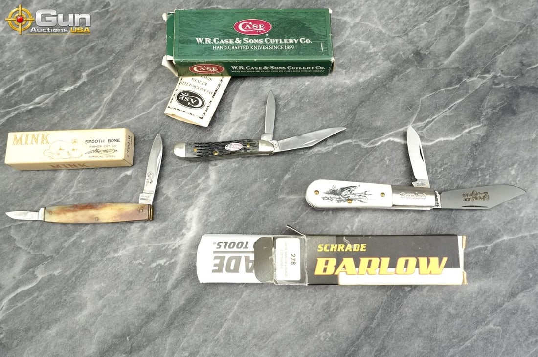 Three assorted pocket knives in their original boxes, Excellent Condition This variety includes Case: Three assorted pocket knives in their original boxes, Excellent ConditionThis variety includes Case XX Peanut PITCH BLK model 6220 SS pocket knife including original box and papers, Schrade Barlow 278