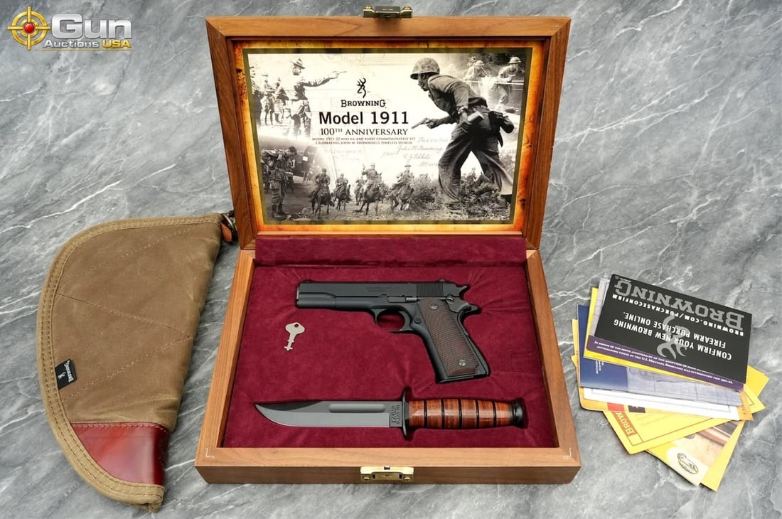 BROWNING 1911-22 .22 LR SEMI PISTOL: BROWNING 1911-22 .22 LR Semi Auto Pistol, 4.25" Barrel, Like New, Shiny Bore, Tight Action, sn:51EZZ04024This Browning Model 1911-22 paired with a Ka-Bar fighting knife in a fitted lockable walnut
