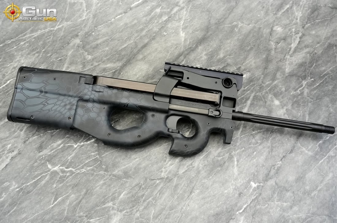 FN PS90 5.7X28 SEMI RIFLE THREADED: FNH PS90 5.7 X 28 MM THREADED BARREL Semi Auto Rifle, 20" Barrel, Excellent Condition, Shiny Bore, Tight Action, sn:FN105159This FN PS90 carbine showcases FN's distinctive futuristic bullpup design, w