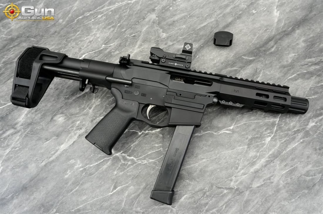 SPIKE'S ST9G 9MM AR SEMI PISTOL: SPIKE'S TACTICAL ST9G 9mm THREADED BARREL Semi Auto Pistol, 7" Barrel, Excellent Condition, Shiny Bore, Tight Action, sn:ARG027120An AR-platform pistol chambered in 9mm and configured to accept Glock-
