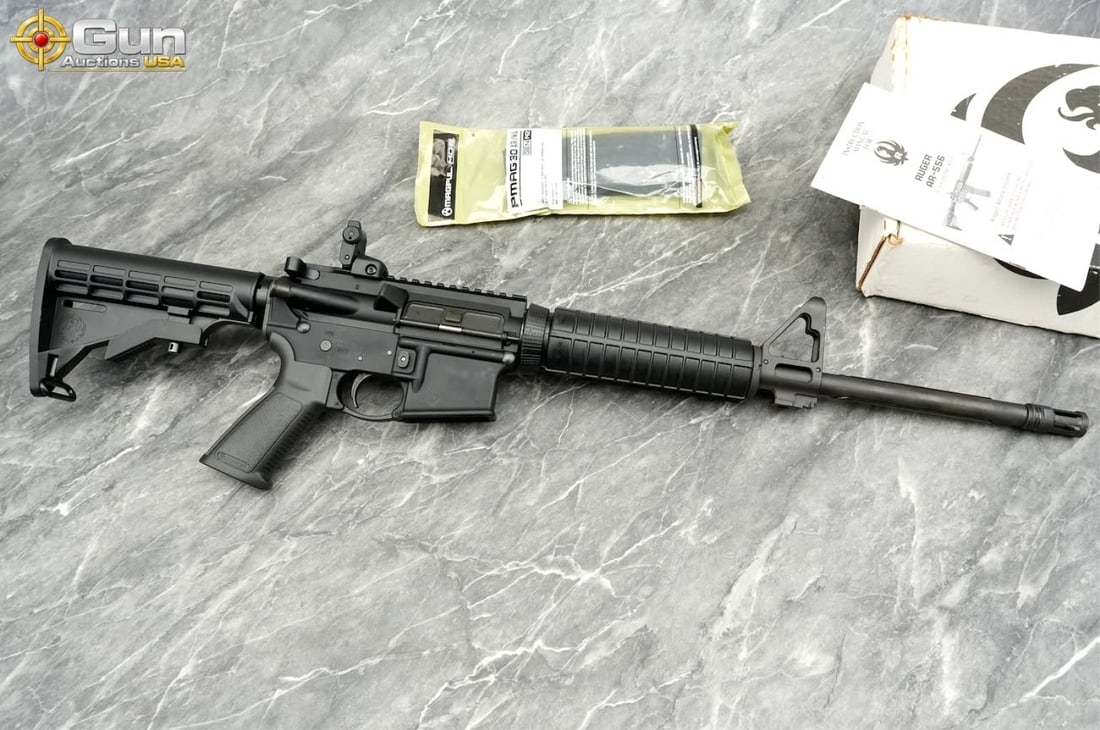 RUGER AR-556 5.56 NATO SEMI UNFIRED: Ruger AR-556 5.56 NATO THREADED BARREL Semi Auto Rifle 17.75" Barrel, Shiny Bore, Tight Action sn:852-93684 Like new, appears unfiredThis direct-impingement rifle is chambered in 5.56 NATO and