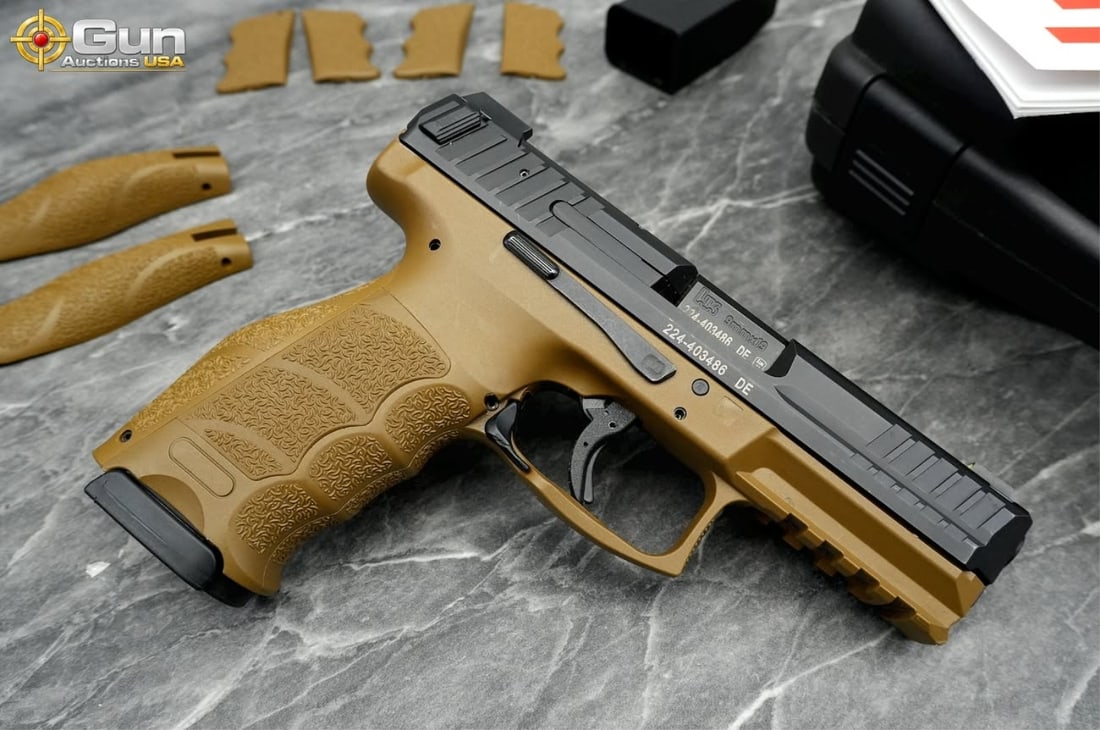 H&K VP9 9MM SEMI AUTO PISTOL: H&K VP9 9X19 Semi Auto Pistol, 4" Barrel, Very Good Condition, Shiny Bore, Tight Action, sn:224-403486This striker-fired pistol sports a two-tone configuration, pairing a matte black slide with a flat