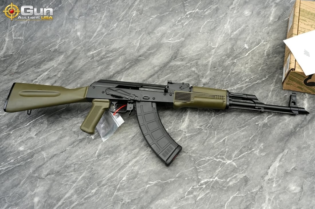 PSA PSAK-47 7.62X39 SEMI AUTO RIFLE: Palmetto State PSAK47 7.62 x 39 THREADED BARREL Semi Auto Rifle, 16" Barrel, Like NEW, sn:AKB053889This American-made, AK-pattern rifle features olive drab green polymer furniture throughout, includin