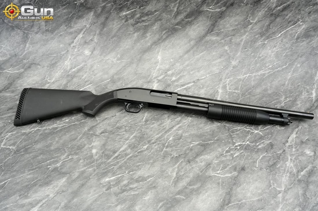 MAVERICK 88 12GA PUMP SHOTGUN: MAVERICK 88 12 ga. Pump Action Shotgun, 18.5" Barrel, Very Good Condition, Shiny Bore, Tight Action, sn:MV1082951This 12-gauge pump-action shotgun features a matte black receiver, a blued barrel, and