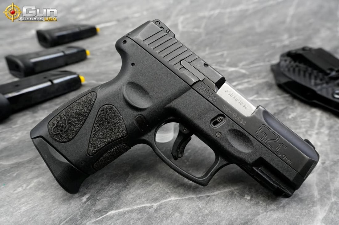 TAURUS G2C 9MM SEMI PISTOL: TAURUS G2C PT111 G2 A 9mm Semi Auto Pistol, 3" Barrel, Very Good Condition, Shiny Bore, Tight Action, sn:ABD480866This compact Taurus G2C is chambered in 9mm and finished entirely in black, with