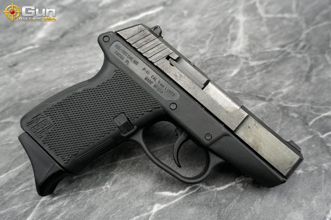 KEL-TEC P-11 9MM SEMI PISTOL: KEL-TEC P-11 9MM LUGER Semi Auto Pistol, 3" Barrel, Very Good Condition, Shiny Bore, Tight Action, sn:AQT79This compact double-stack pistol was built at Kel-Tec's Cocoa, Florida facility, its slide
