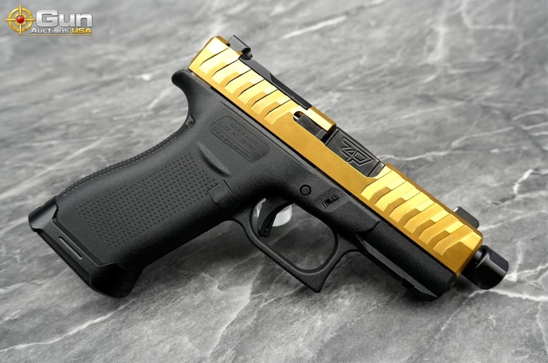 GLOCK 43X 9MM SEMI PISTOL: Glock 43X 9X19 THREADED BARREL Semi Auto Pistol, 4" Barrel, Excellent Condition, Shiny Bore, Tight Action, sn:CFUM135This compact striker-fired pistol is dressed with a striking gold-finished