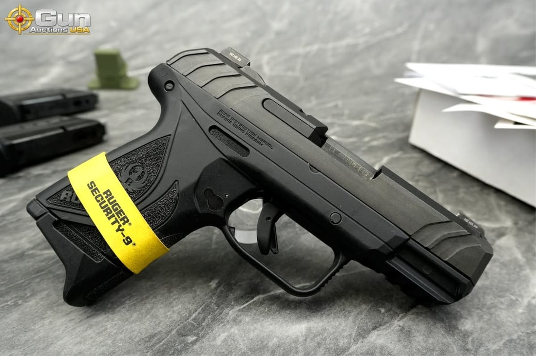 RUGER SECURITY-9 9MM SEMI AUTO PISTOL: Ruger SECURITY-9 9mm Semi Auto Pistol, 3.25" Barrel, Excellent Condition, Shiny Bore, Tight Action, sn:385-95978This compact striker-fired pistol is chambered in 9mm Luger and finished in matte black