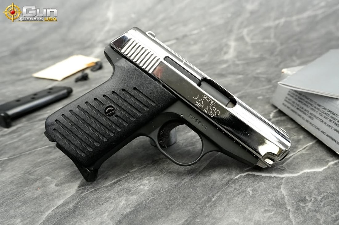 JIMENEZ .380 ACP SEMI AUTO PISTOL: JIMENEZ J.A. 380 .380 ACP Semi Auto Pistol, 2.75" Barrel, Excellent Condition, Shiny Bore, Tight Action, sn:256212This compact Jimenez J.A. 380 in .380 ACP pairs a bright chrome-plated slide, marked