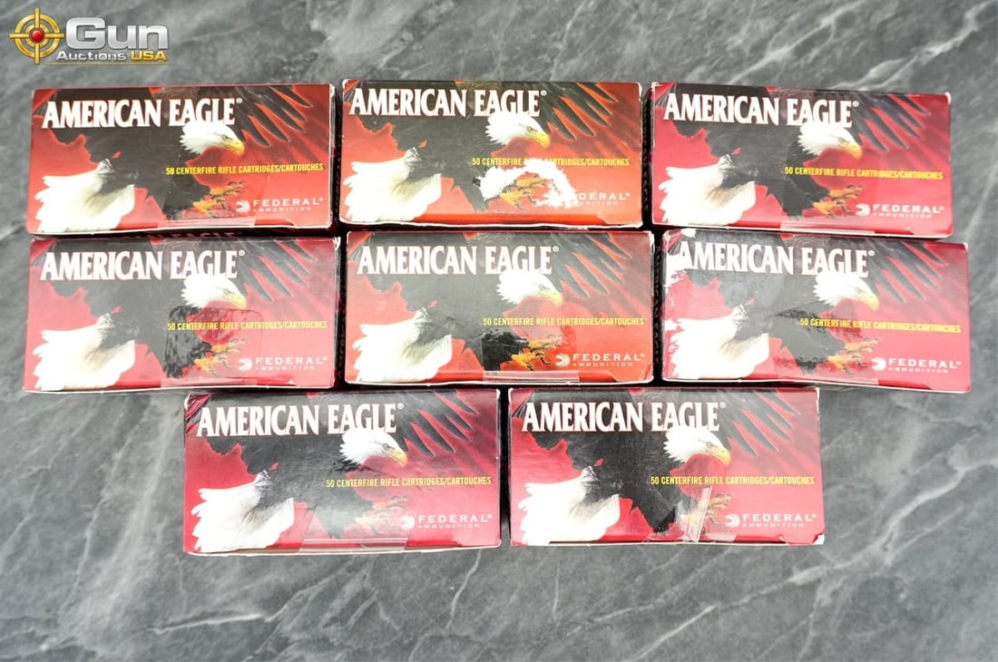 Federal American Eagle 5.7x28mm ammo. 400 rounds i: Federal American Eagle 5.7x28mm ammo. 400 rounds in total.This lot features Federal American Eagle centerfire cartridges loaded with 40-grain full metal jacket bullets in reloadable brass cases with n