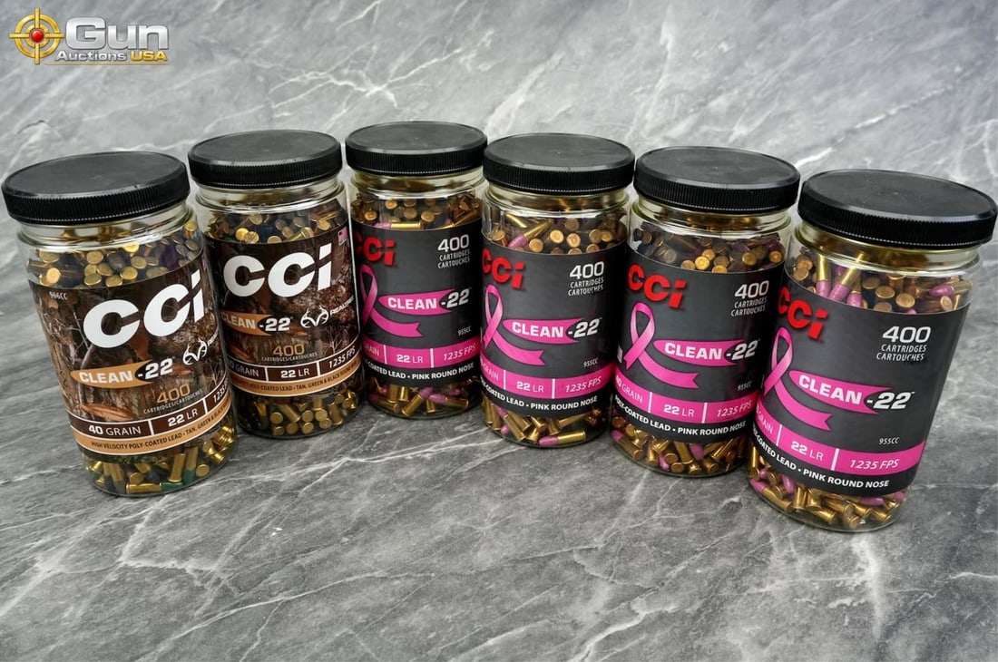 CCI .22 LR ammo. 2400 rounds in total. Features Cl: CCI .22 LR ammo. 2,400 rounds in total.This lot features CCI Clean-22 .22 LR ammunition in six bulk 400-round jars, combining Clean-22 Pink 40-grain polymer-coated lead round nose cartridges with Clea