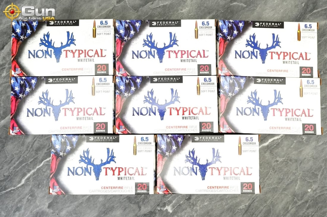Federal 6.5 Creedmoor ammo. 160 rounds in total. F: Federal 6.5 Creedmoor ammo. 160 rounds in total.This lot features Federal Non-Typical Whitetail 6.5 Creedmoor rifle ammunition loaded with 140-grain soft point bullets, designed for effective whitetai