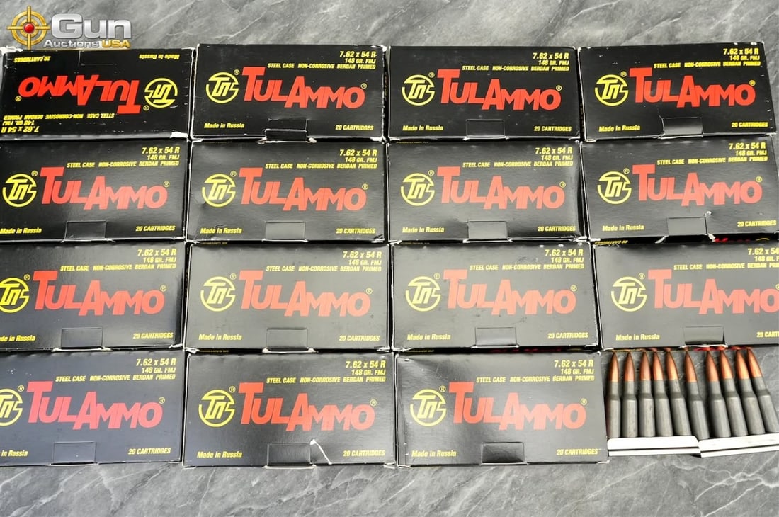 TulAmmo 7.62x54R ammunition. 310 rounds in total.: TulAmmo 7.62x54R ammunition. 310 rounds in total.This lot features TulAmmo 7.62x54R centerfire rifle ammunition loaded with 148-grain full metal jacket (FMJ) bullets in non-corrosive, Berdan-primed st