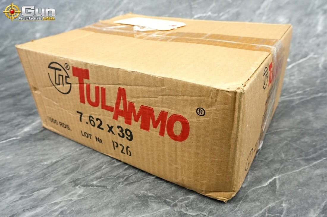 TulAmmo 7.62x39mm ammo. 1000 rounds in total . Fea: TulAmmo 7.62x39mm ammo. 1,000 rounds in total.This lot features TulAmmo 7.62x39mm ammunition loaded with 124-grain 8M3 hollow-point bullets in steel cases, with sealed primers, sealed case necks, and