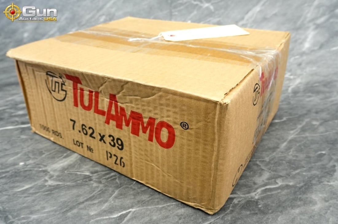 TulAmmo 7.62x39mm ammo. 1000 rounds in total . Fea: TulAmmo 7.62x39mm ammunition, 1,000 rounds total.This lot features TulAmmo 7.62x39mm ammunition loaded with 124-grain 8M3 hollow-point bullets in steel cases, featuring sealed primers, sealed case