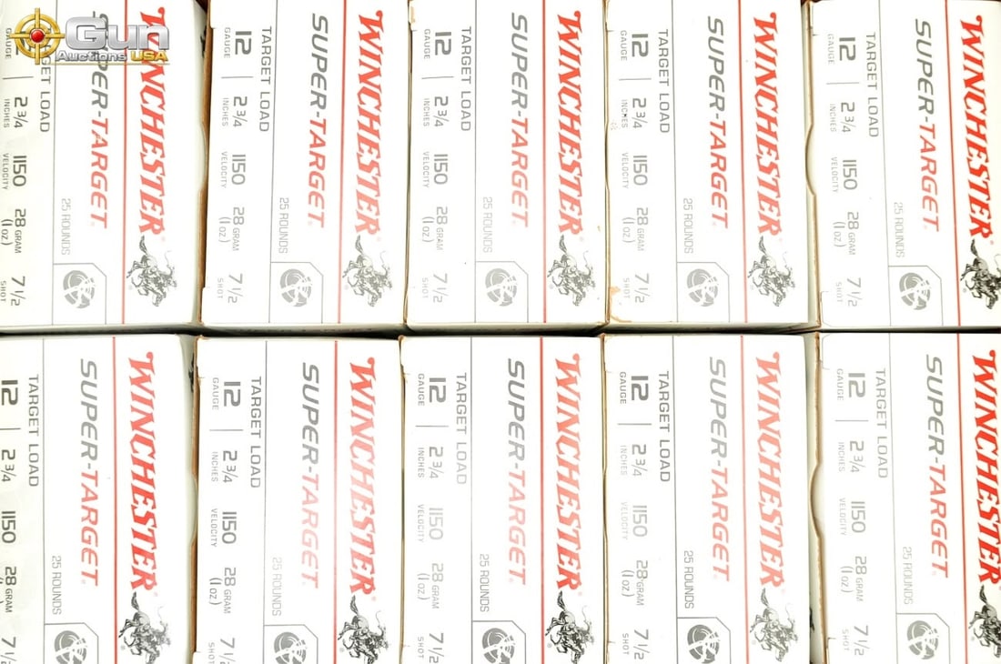 12 Gauge Winchester ammunition. 250 rounds in tota: 12 gauge Winchester ammunition, 250 rounds total.This lot includes ten boxes of Winchester Super-Target 12-gauge target-load shotshells, each 25-round box holding 2 3/4-inch shells charged with 1 oz (