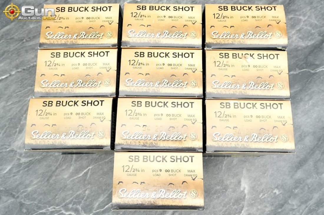 12 Gauge Sellier & Bellot shotgun ammunition. 250: 12 gauge Sellier & Bellot shotgun ammunition, 250 rounds total.This lot contains ten boxes of Sellier & Bellot SB Buck Shot 12-gauge ammunition, each 2 3/4-inch shell loaded with 9 pellets of 00 bucks