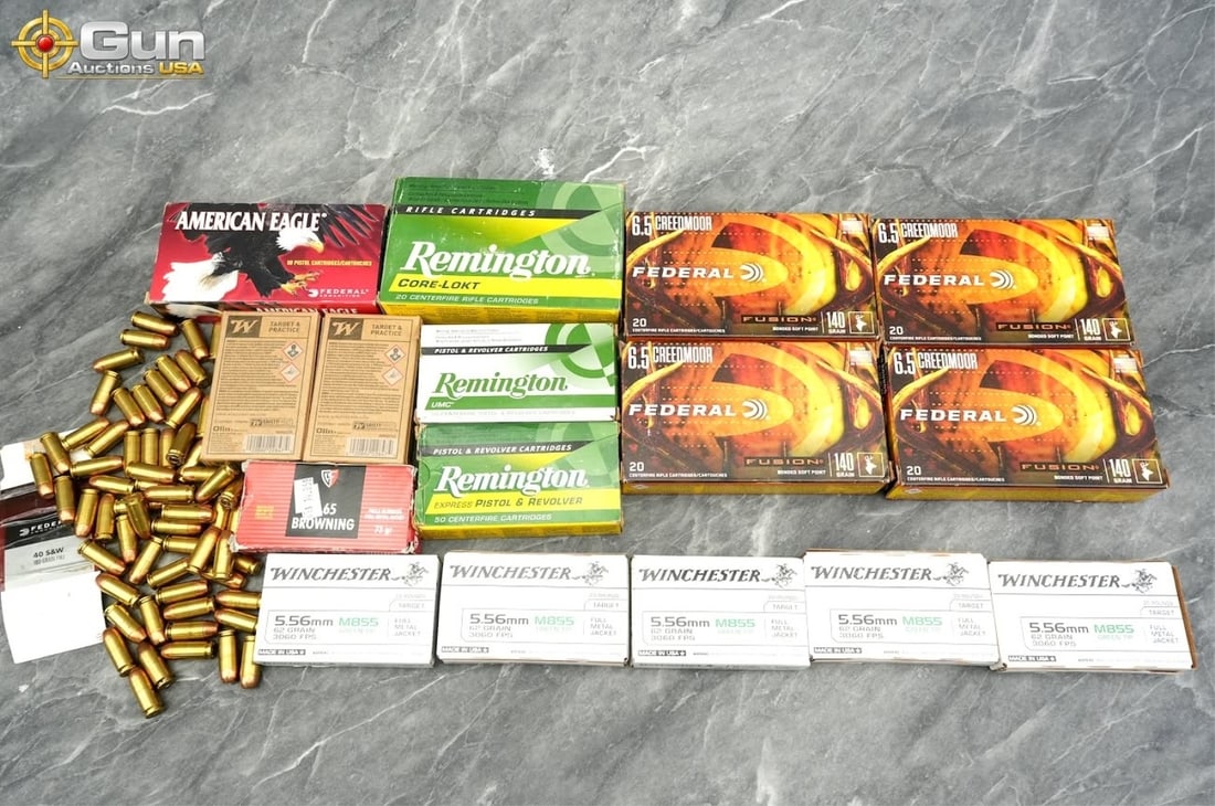 Assorted 6.5 Creedmor, 7.65 Browning, 40 S&W, 32 A: Assorted 6.5 Creedmoor, 7.65 Browning, .40 S&W, .32 Auto, 5.56mm, and .30-06 ammunition, 432 rounds total.This assorted lot includes 20 rounds of Remington .30-06 Springfield, 99 rounds of Remington
