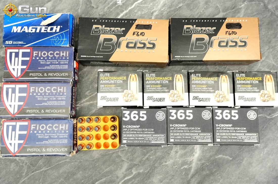 Assorted 9mm Luger Ammunition. 389 Rounds in total: Assorted 9mm Luger ammunition, 389 rounds total.This assortment of 9mm Luger ammunition totals 389 rounds spanning a range of grain weights and bullet types from several respected manufacturers. It in
