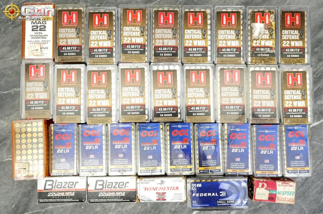 .22 LR and .22 WMR CCI, Federal, Winchester, etc.: .22 LR and .22 WMR CCI, Federal, Winchester, etc. ammunition. Approx. 1,550 rounds in total. Includes CCI Velocitor, CCI Maxi-Mag, Hornady Critical Defense, Federal Small Game, Blazer, Remington