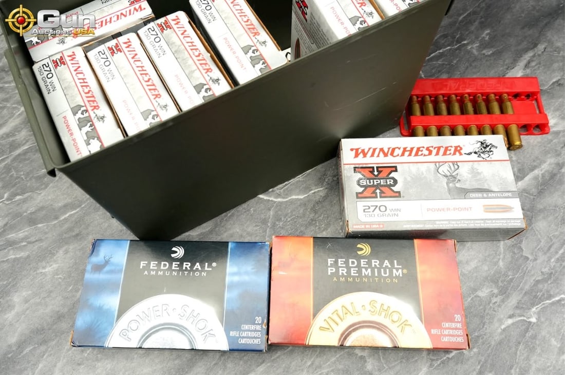 .270 Win Federal and Winchester Ammunition. 208 ro: .270 Win Federal and Winchester ammunition, 208 rounds total.This lot features 208 rounds of .270 Winchester rifle ammunition well suited to deer and antelope hunting, including Federal Power-Shok, Fe