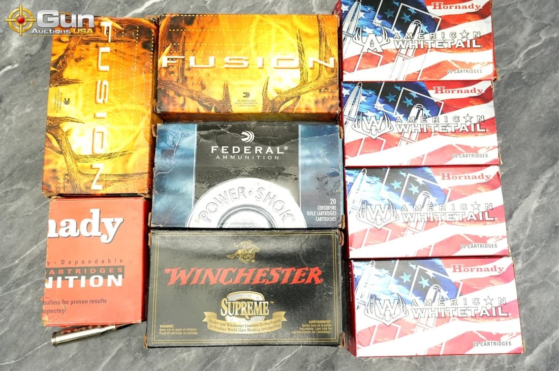 7mm-08 Rem and 7mm Rem Mag Hornady, Winchester, an: 7mm-08 Rem and 7mm Rem Mag Hornady, Winchester, and Federal ammunition, 121 rounds total.This assortment brings together factory hunting ammunition from Hornady, Winchester, and Federal in their