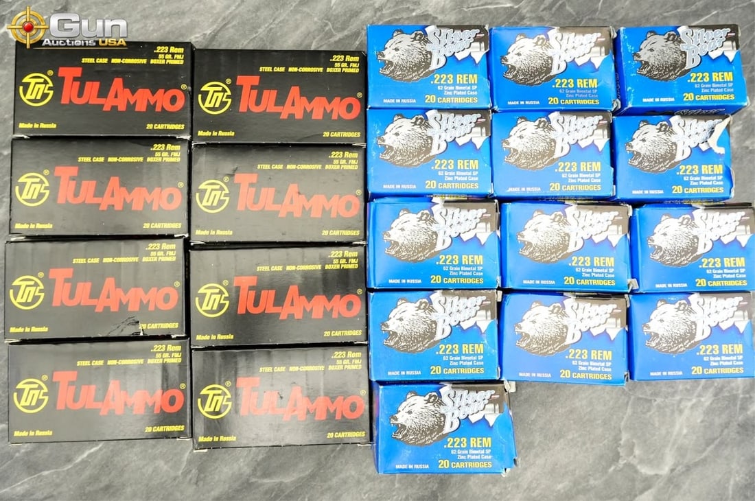 .223 Rem. Barnaul Silver Bear and TulAmmo ammuniti: .223 Rem Barnaul Silver Bear and TulAmmo ammunition, 420 rounds total.This lot combines steel-cased, Russian-made .223 rifle ammunition in its original boxes, including Barnaul Silver Bear 62-grain bi