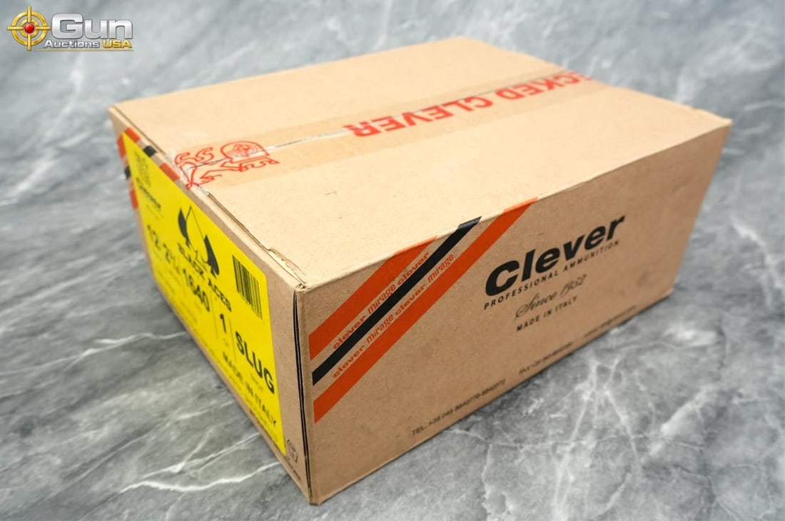 Clever Black Aces Tactical 12 Gauge slug ammunitio: Clever Black Aces Tactical 12 Gauge slug ammunition. 200 rounds in total.A factory case containing 200 rounds of Black Aces Tactical 12 Gauge 2 3/4" shotgun shells loaded with 1 oz rifled slugs at a m
