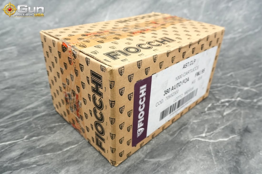 Fiocchi .380 Auto ammunition. 1000 rounds in total: Fiocchi .380 Auto ammunition. 1000 rounds in total.A sealed factory case containing 1,000 rounds of Fiocchi .380 Auto ammunition loaded with 95 grain Full Metal Jacket bullets. The tan Fiocchi carton