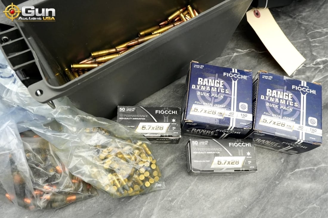 5.7x28mm Fiocchi, etc Ammunition. Approximately 35: 5.7x28mm Fiocchi, etc. ammunition. Approximately 350 rounds in total.An approximately 350-round mixed lot of ammunition presented in a polymer ammunition can. It includes 200 rounds of Fiocchi