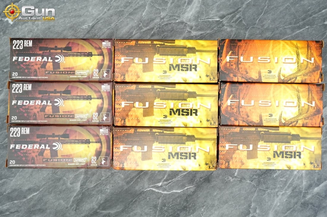.223 Rem Federal Fusion MSR ammunition. 180 rounds: .223 Rem Federal Fusion MSR ammunition. 180 rounds in total.A 180-round lot of Federal Fusion MSR .223 Remington ammunition presented as nine boxes of 20 centerfire rifle cartridges, each loaded with