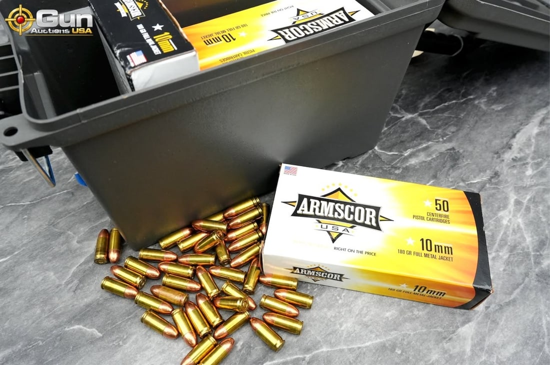 10mm and 9mm Armscor, GFL, etc Ammunition. 292 rou: 10mm and 9mm Armscor, GFL, etc. ammunition. 292 rounds in total.This lot includes 250 rounds of Armscor USA 10mm 180-grain full metal jacket centerfire pistol ammunition in its original yellow-and-bla